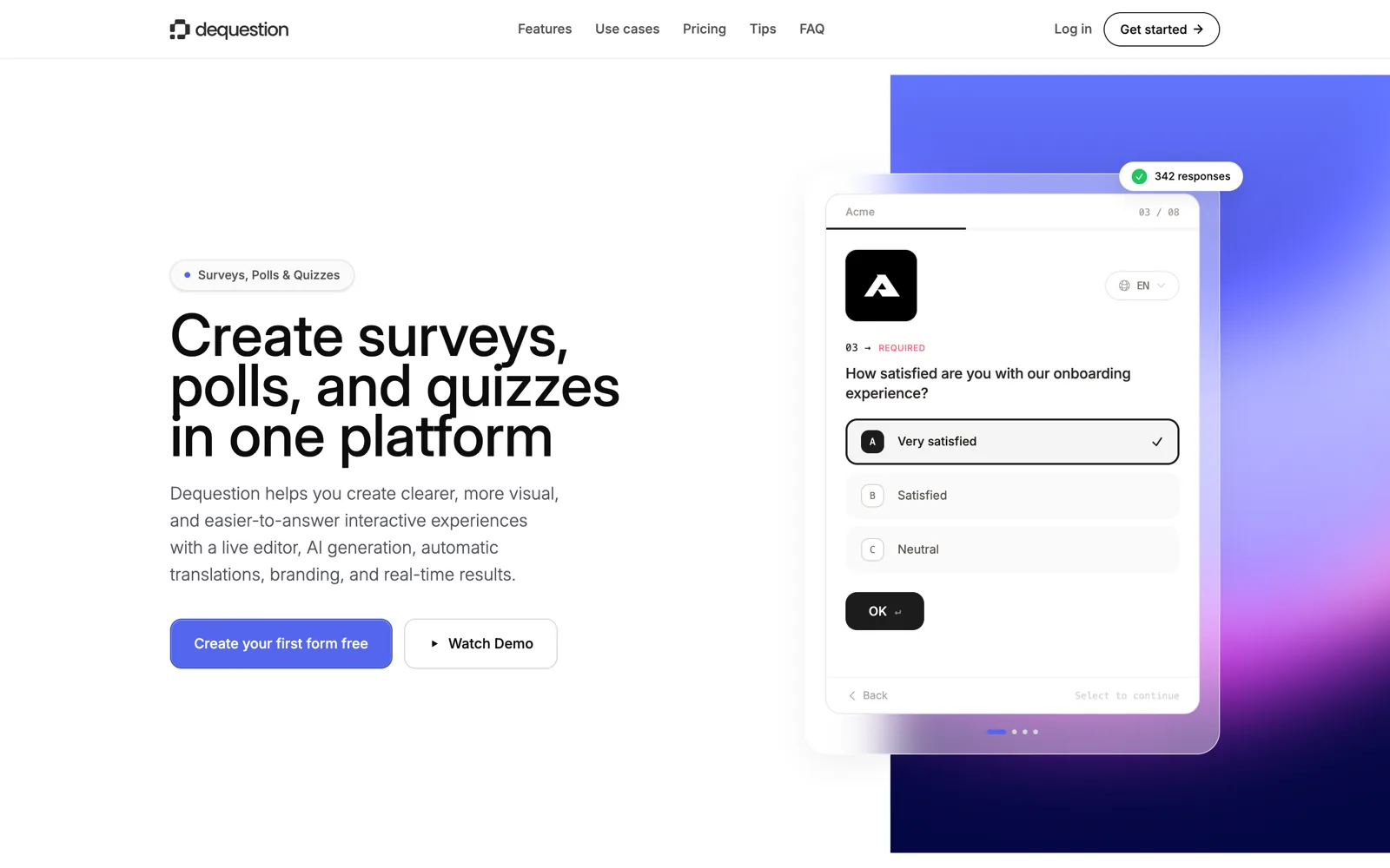 Dequestion website: create surveys, polls and quizzes in one platform